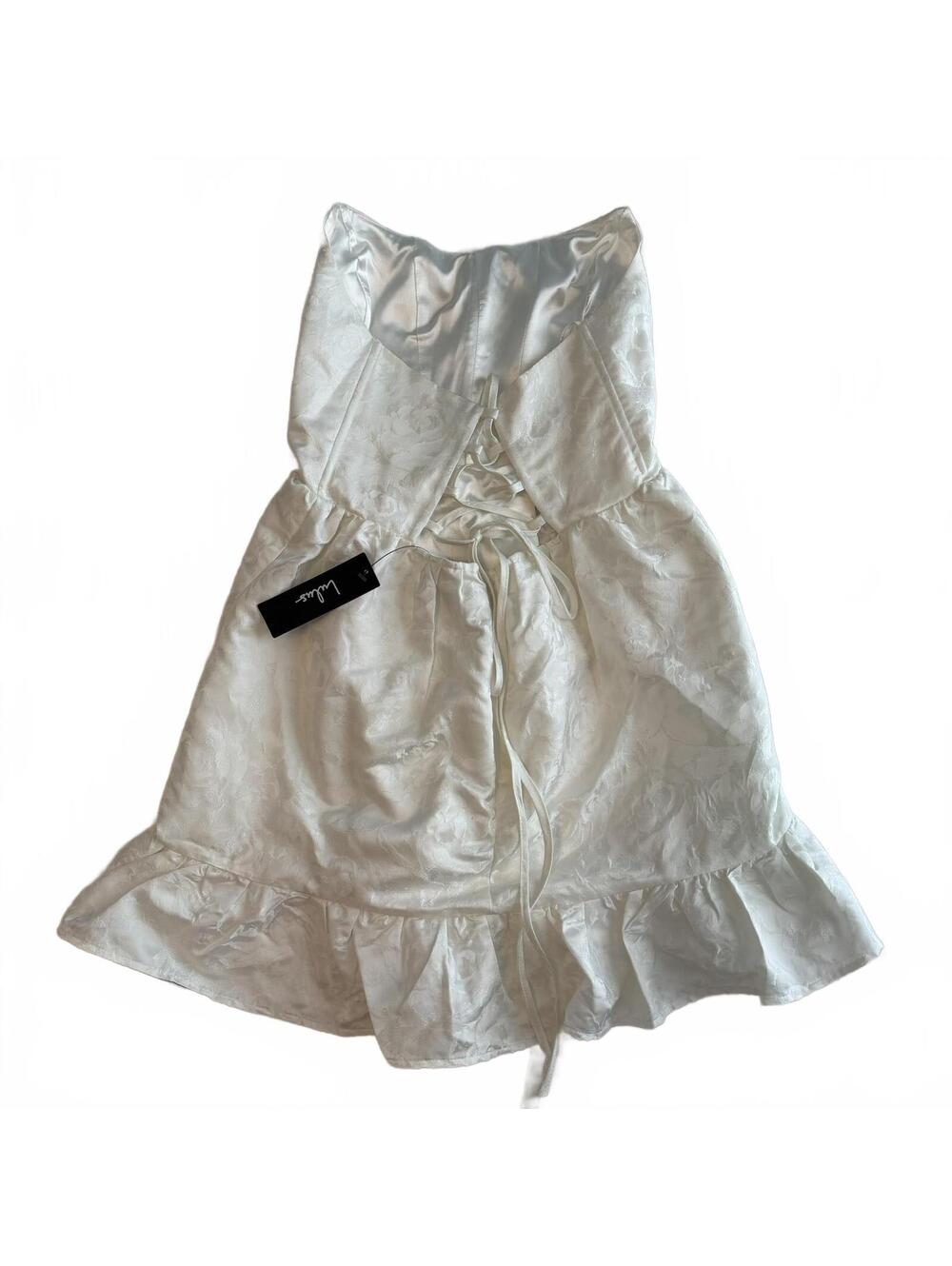 NWT (Flaw) Lulus Luxe Delight Ivory Jacquard Strapless Bustier Mini Dress Size M - Picture 4 of 9